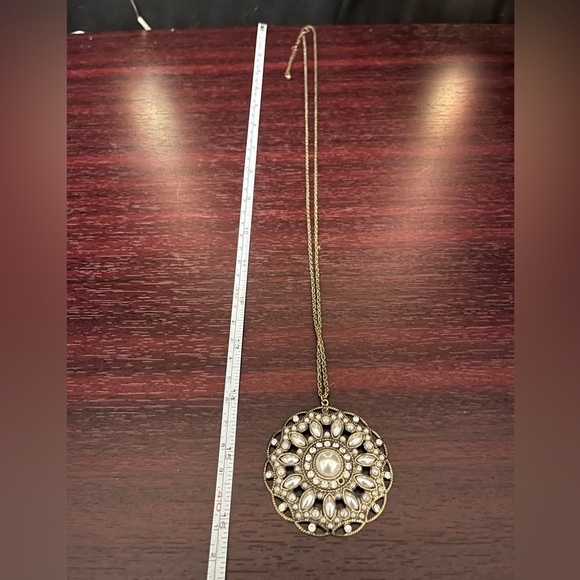 Ornate Antique Gold/Brass Necklace w/ Pearl Accents - Picture 6 of 10